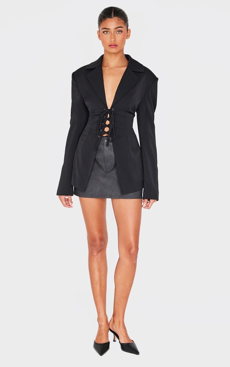 Black Lace Up Tie Front Blazer Product Image