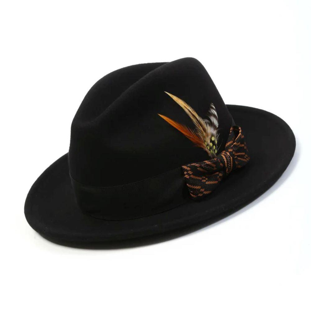 Black Wool Felt Fedora Hat with Cognac Ribbon 2½ Brim Product Image