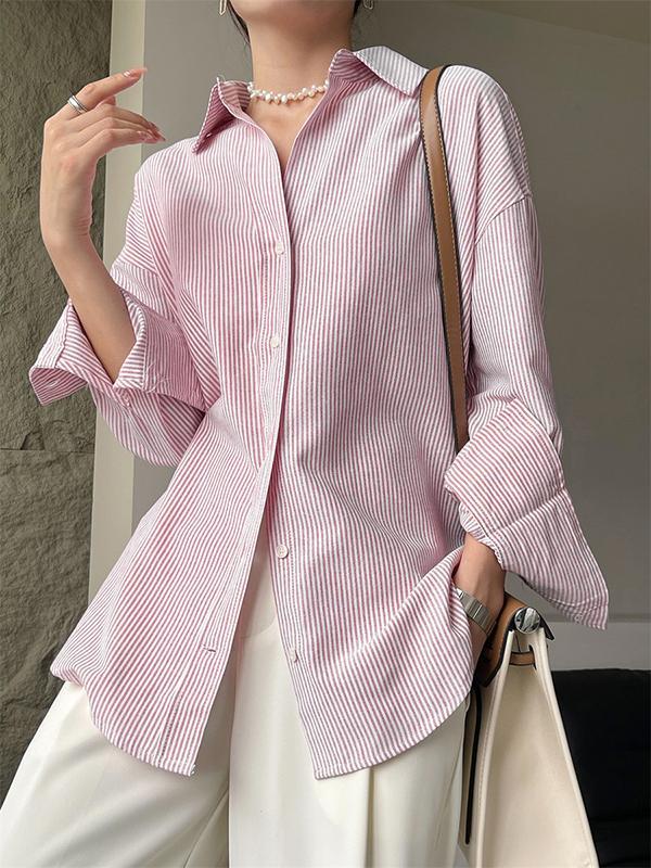 Urban Loose Striped Lapel Collar Blouses&Shirts Tops Product Image