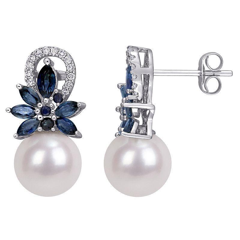 Stella Grace 14k White Gold Freshwater Cultured Pearl, Sapphire & 1/8 Carat T.W. Diamond Flower Earrings, Womens Product Image