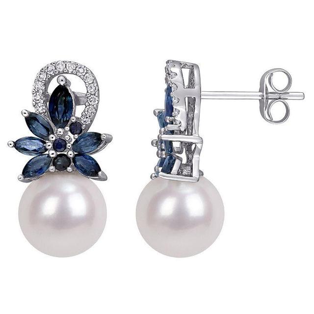 Stella Grace 14k White Gold Freshwater Cultured Pearl, Sapphire & 1/8 Carat T.W. Diamond Flower Earrings, Womens, Multicolor Product Image