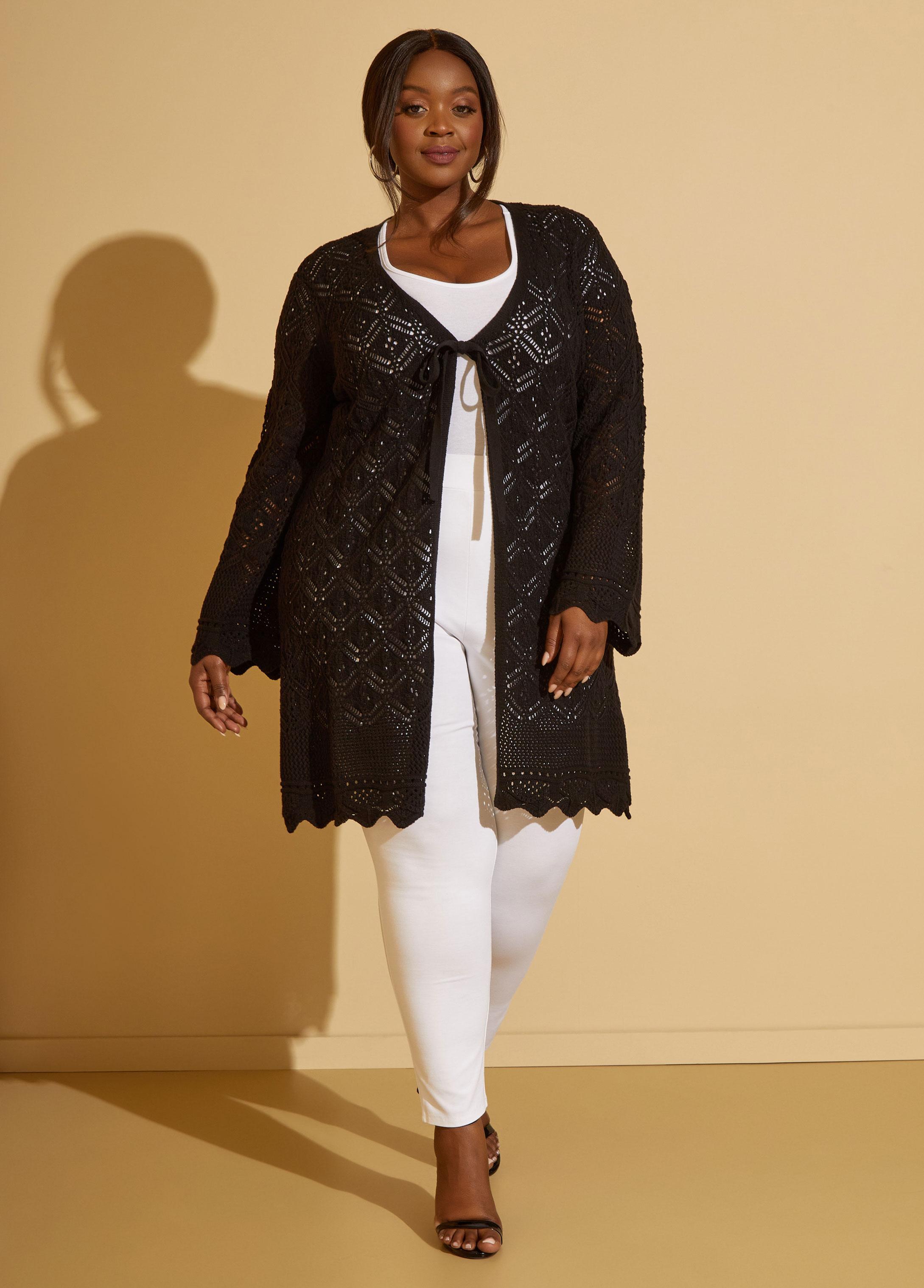 Plus Size Tie Front Crochet Cardigan Ashley Stewart Product Image