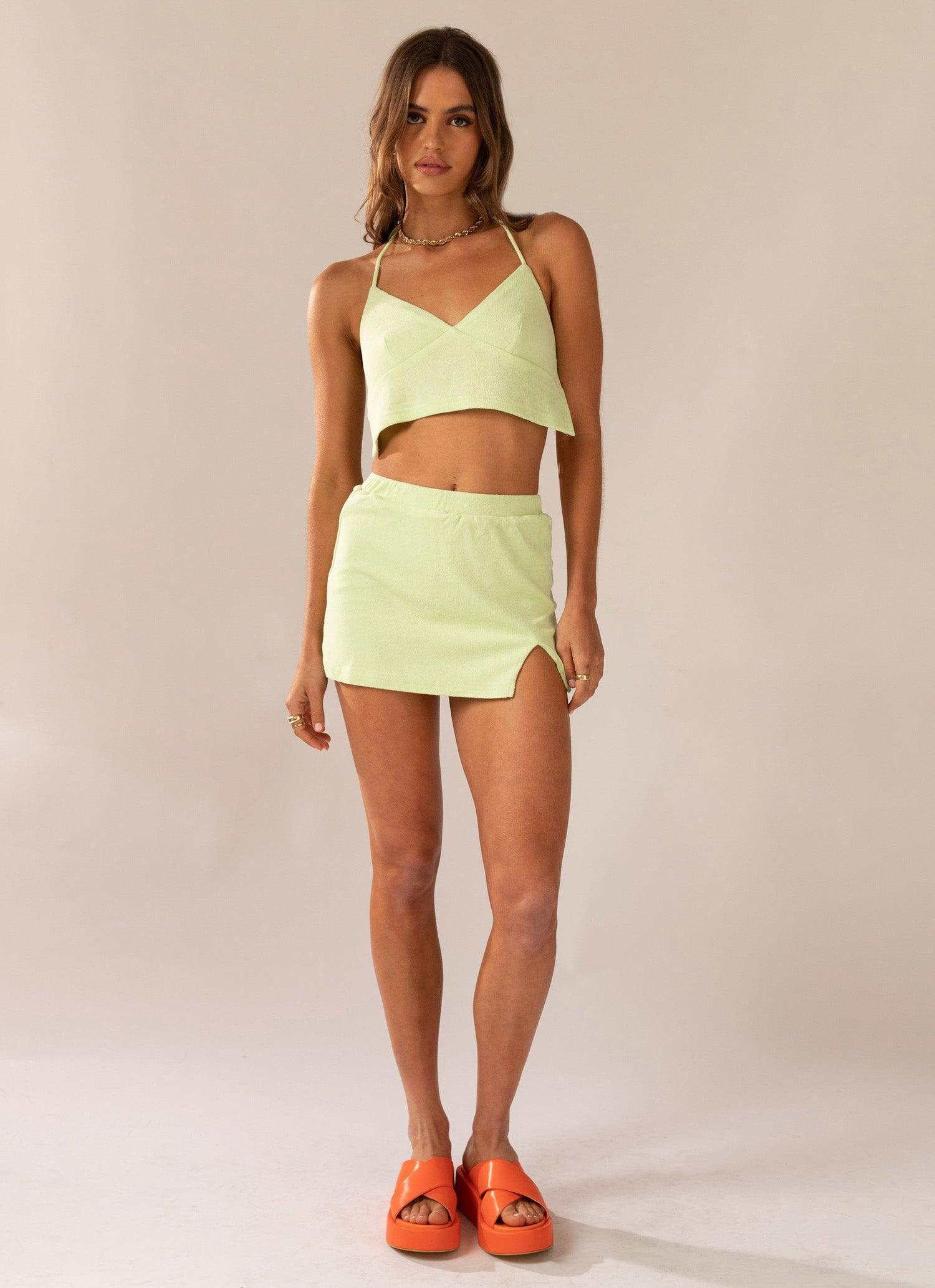 Warmer Water Terry Halter Crop - Lime Green Product Image