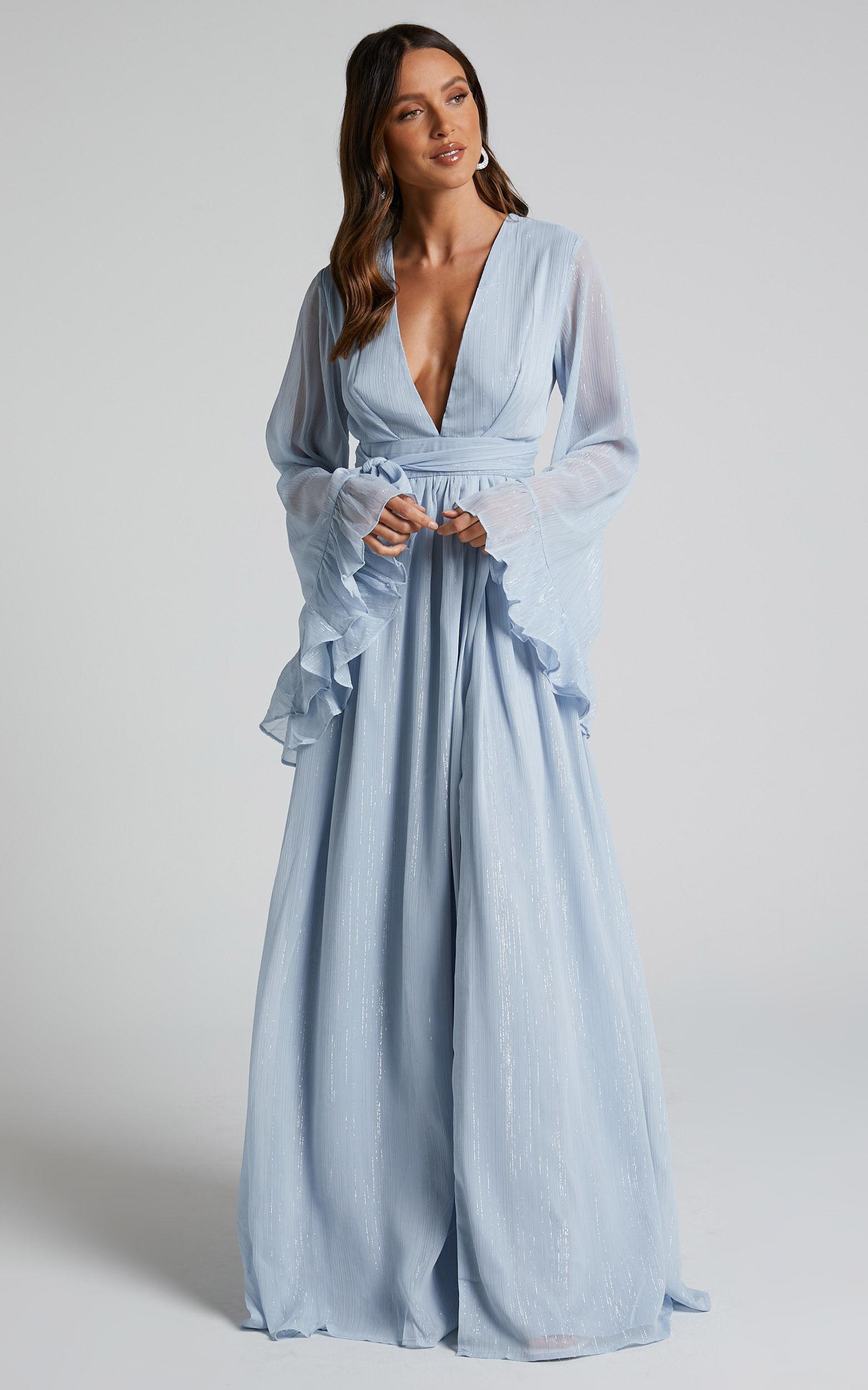 Dangerous Woman Maxi Dress - Plunge Thigh Split Dress in Light Blue Product Image