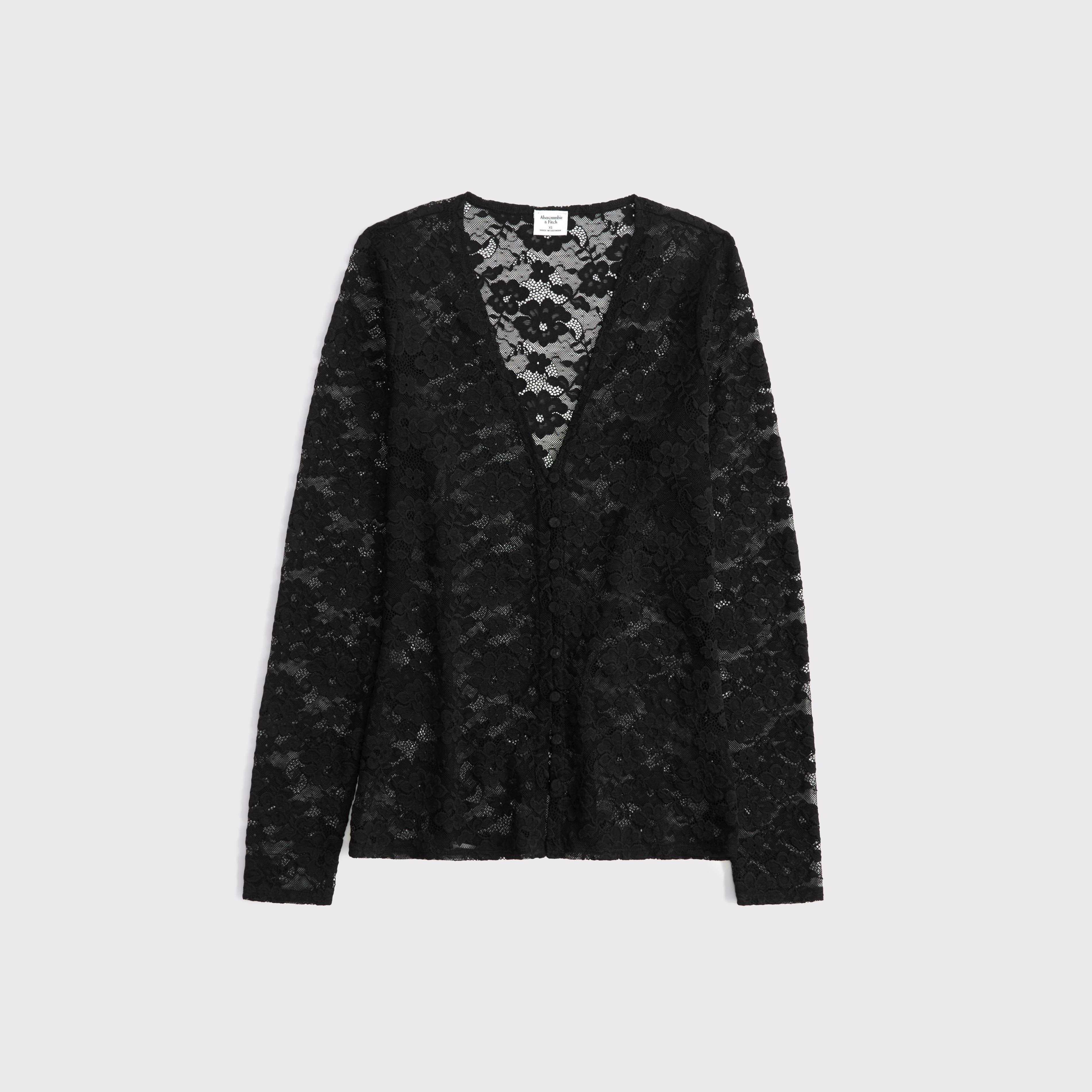 Long-Sleeve Lace Button-Through Top Product Image