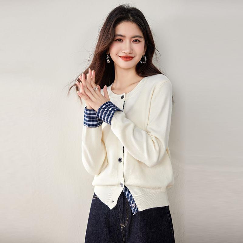 Mock Two-Piece Round Neck Plaid Panel Cardigan Product Image