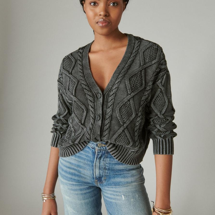 Lucky Brand Cable Stitch Cotton V-Neck Cardigan Product Image