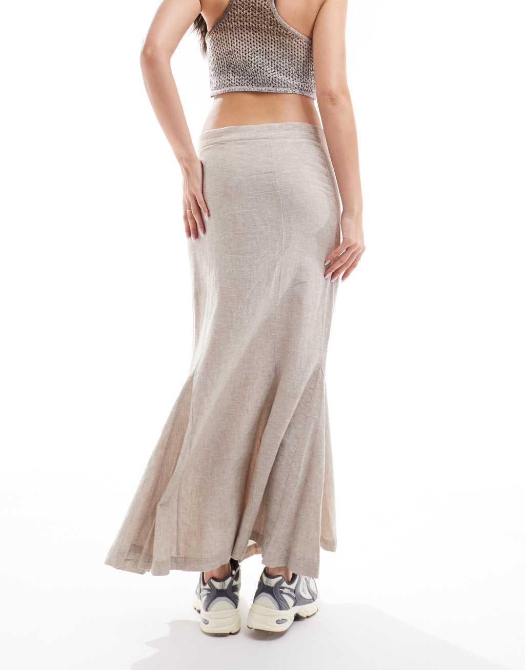 Monki longline linen mix maxi tube mermaid skirt in beige Product Image