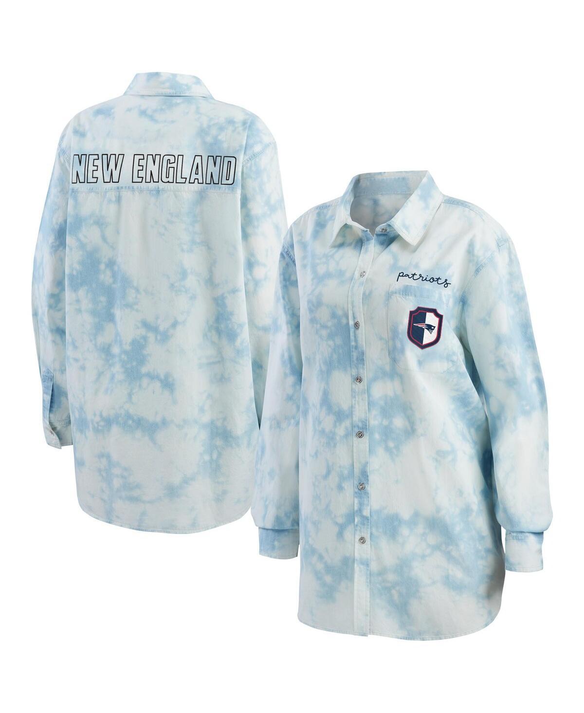 Womens WEAR by Erin Andrews Denim New England Patriots Chambray Acid-Washed Long Sleeve Button-Up Shirt Turquoise A Product Image