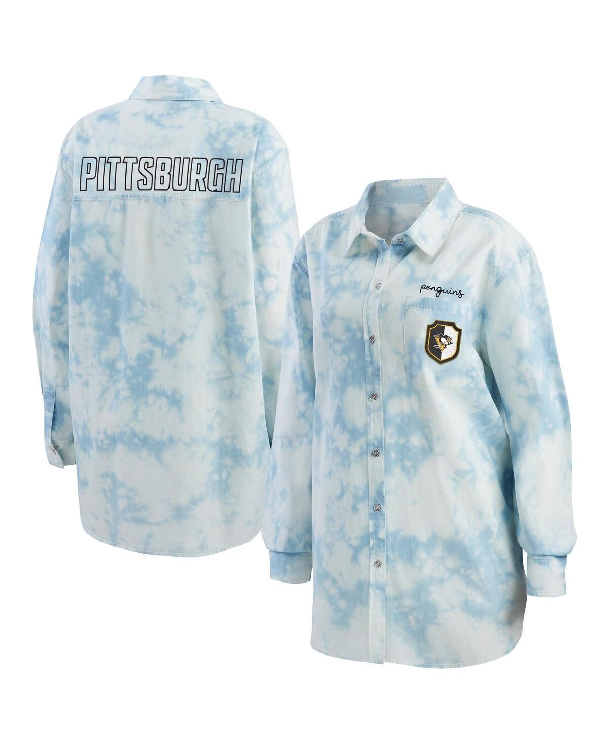 Womens WEAR by Erin Andrews White Pittsburgh Penguins Oversized Tie-Dye Button-Up Denim Shirt Product Image