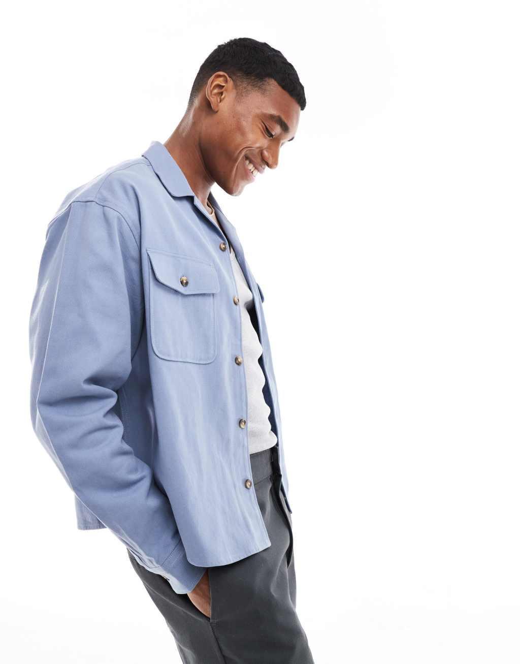 ASOS DESIGN boxy overshirt with revere collar in cornflower blue  Product Image