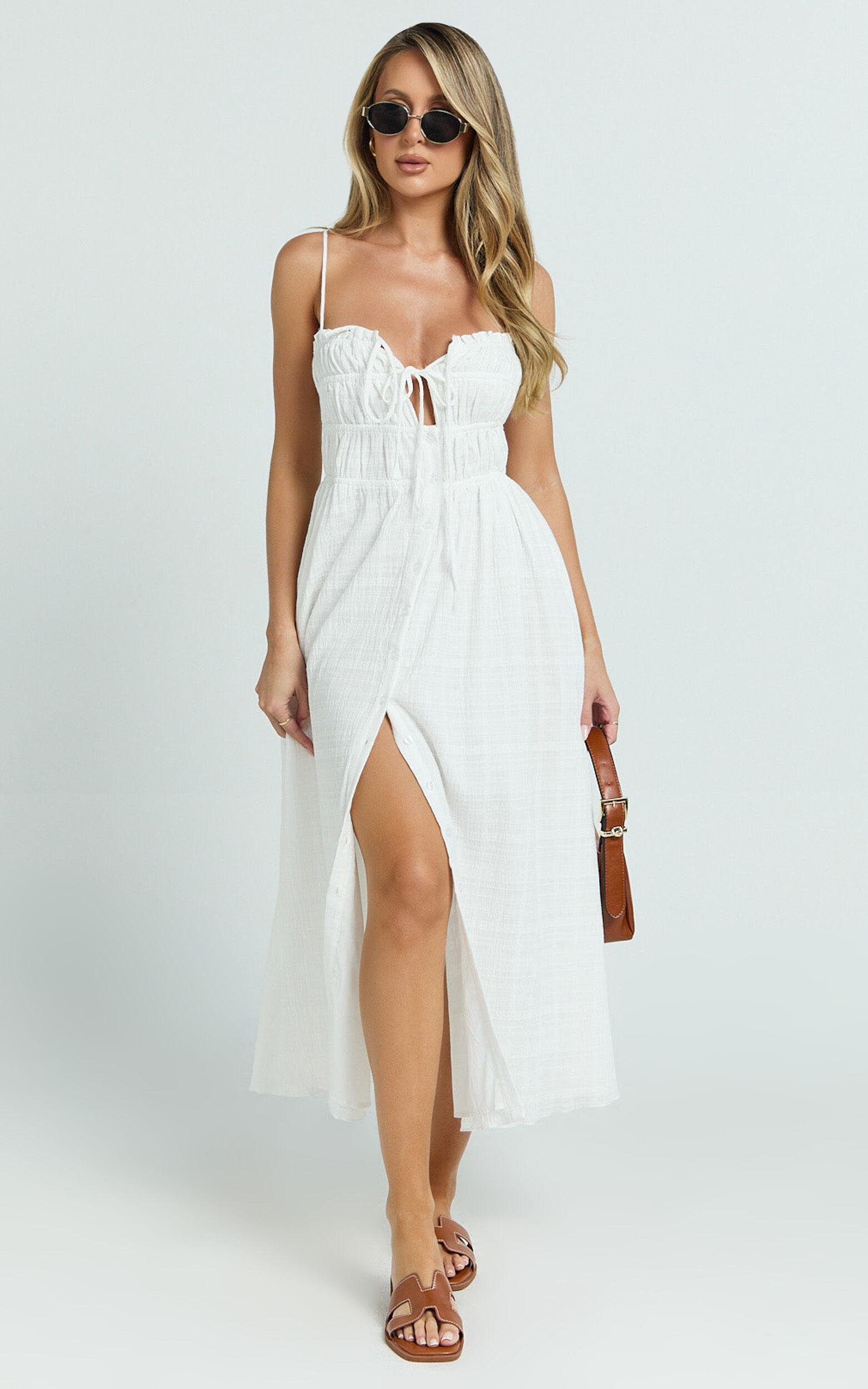 Lucienne Midi Dress - Ruched Button Up Front Dress in White Product Image