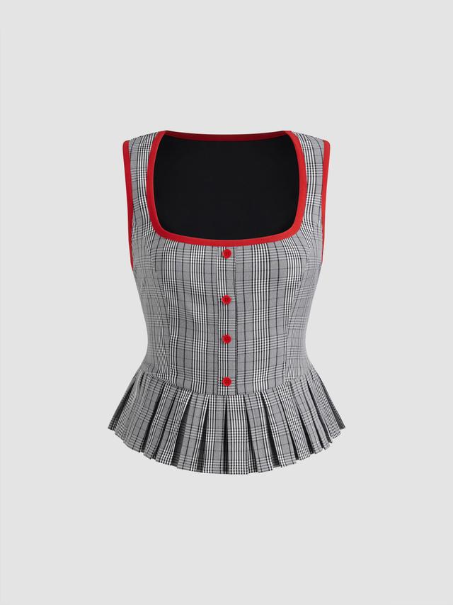 Square Neck Checks Pleated Contrasting Binding Tank Top Product Image