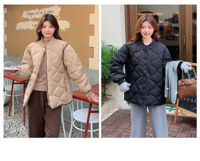 Stand Collar Plain Quilted Zip-Up Jacket Product Image