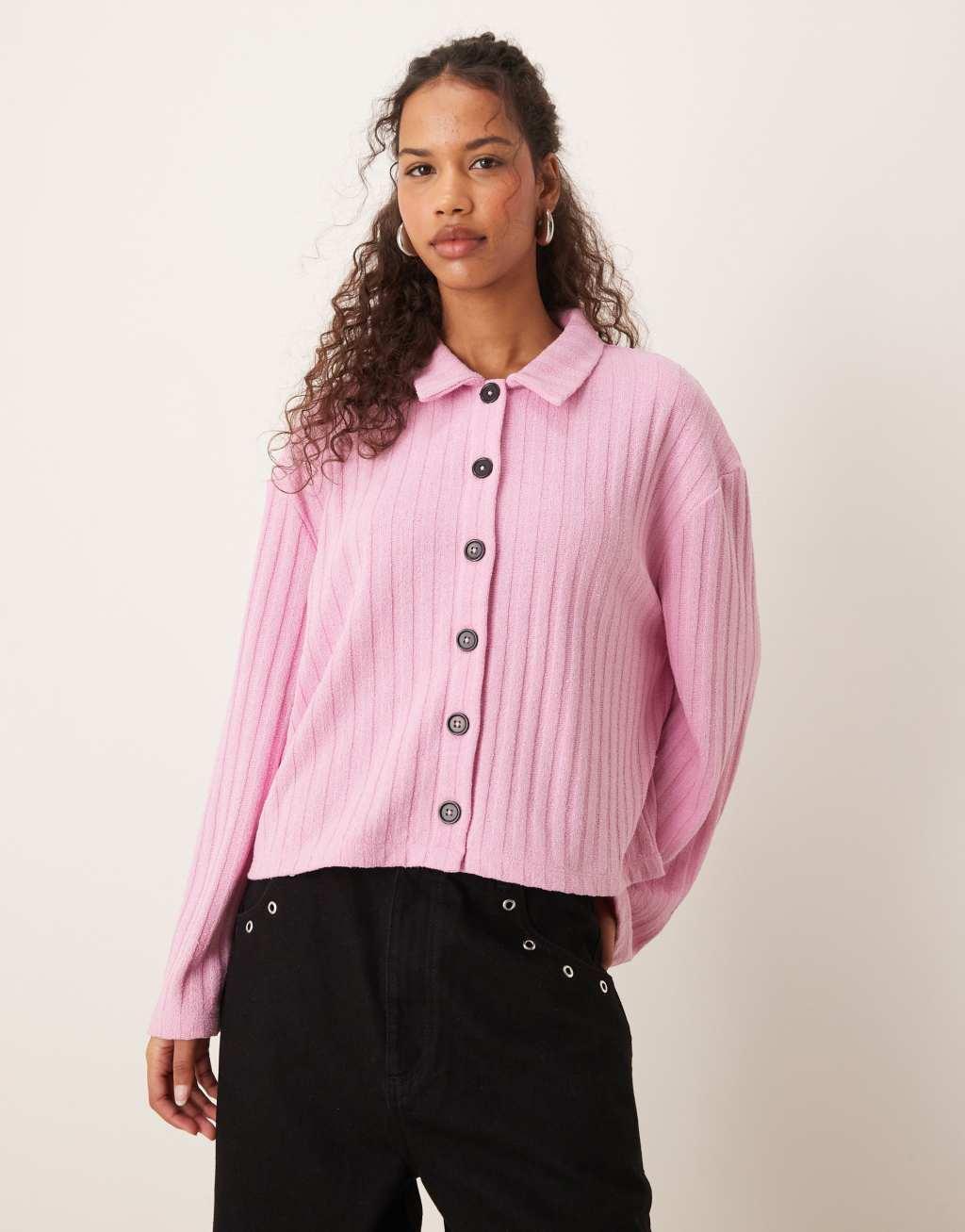 ASOS DESIGN long sleeve ribbed cardigan in pink Product Image