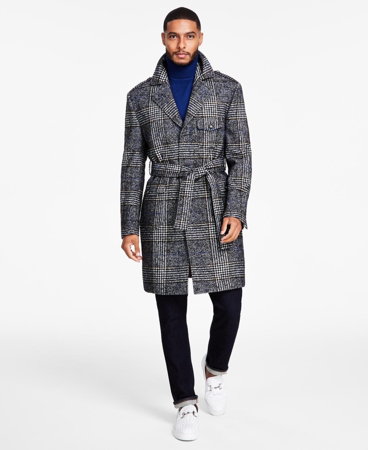 Tayion Collection Mens Classic-Fit Plaid Self Belted Wool Blend Overcoats - Black Product Image