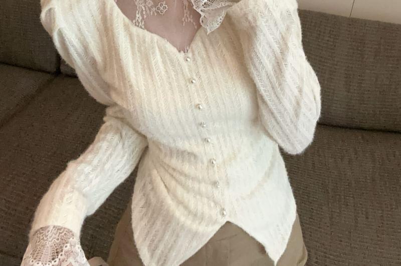 Long-Sleeve Mock Neck Lace Panel Button Ribbed Top Product Image