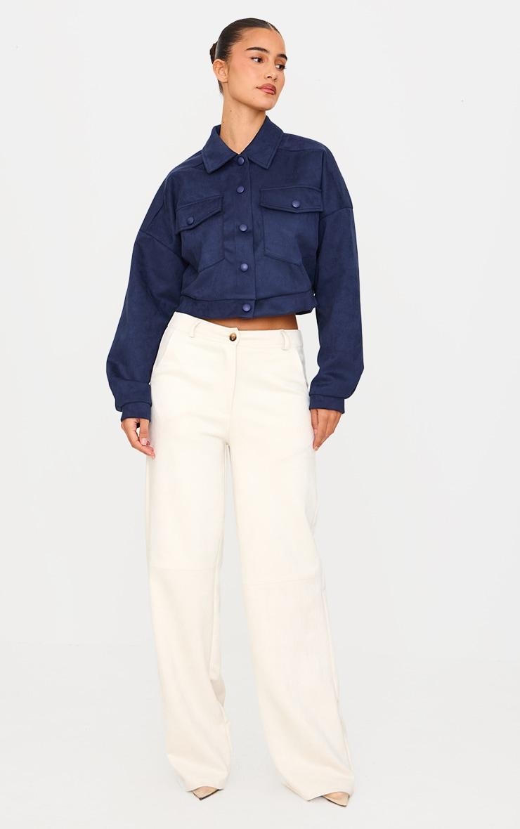 Navy Faux Suede Cropped Trucker Jacket Product Image