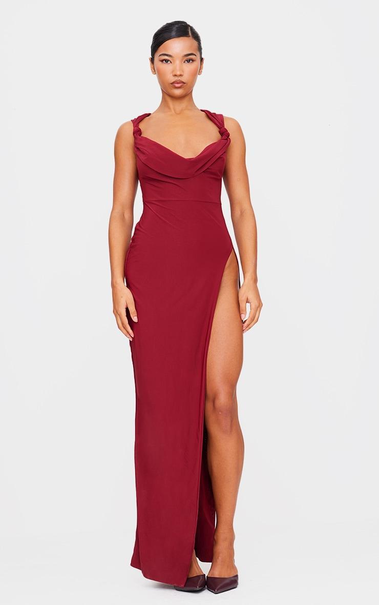 Burgundy Double Layer Draped Knotted Split Maxi Dress Product Image