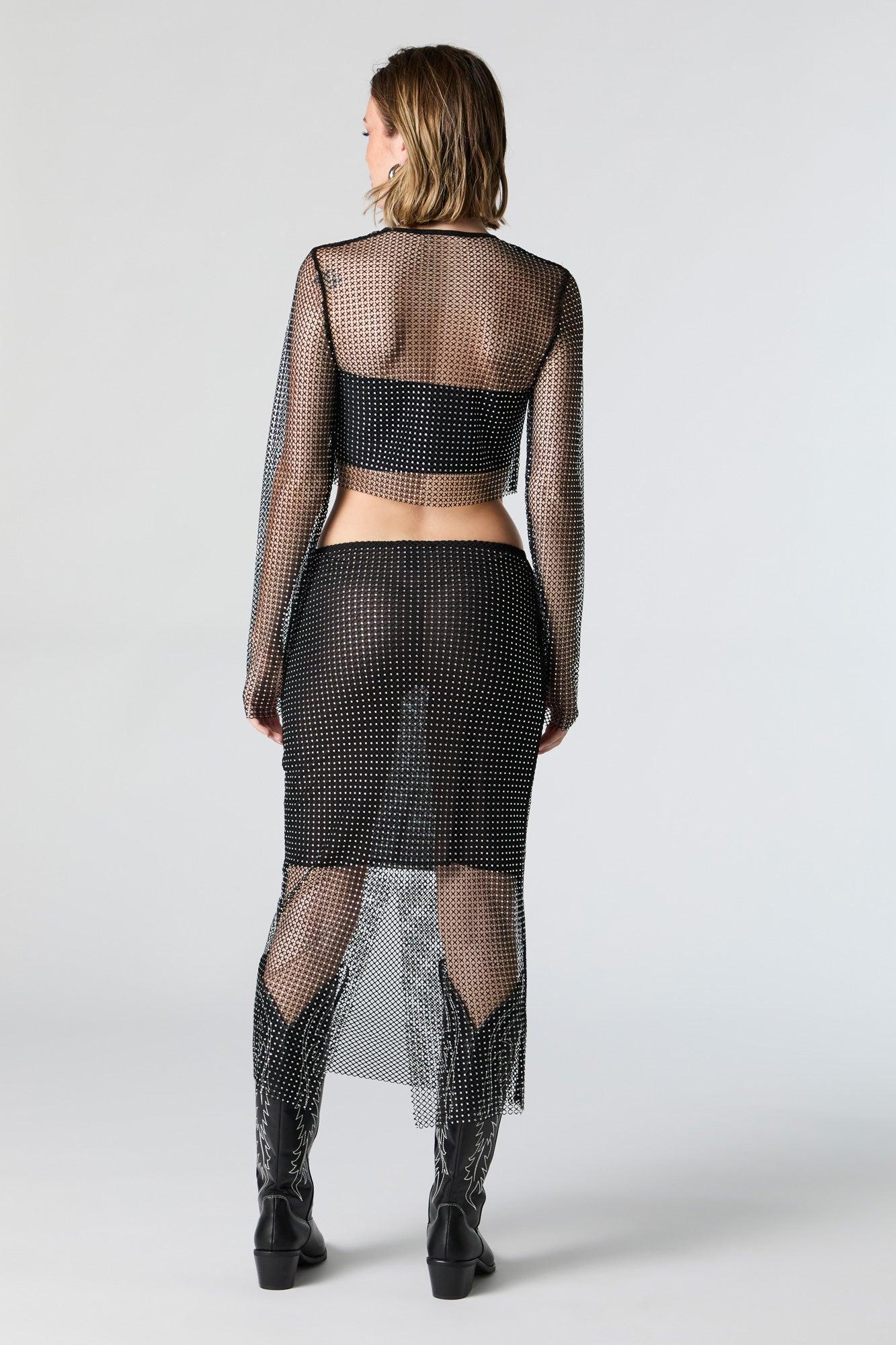 Fishnet Rhinestone Midi Skirt Female Product Image