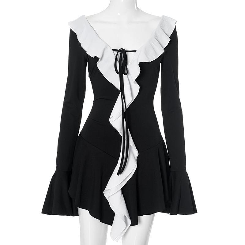 Long-Sleeve V-Neck Two Tone Ruffle Mini A-Line Dress Product Image