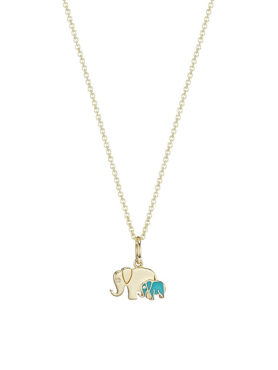 Womens 14K Yellow Gold, Diamond & Enamel Elephant Family Pendant Necklace Product Image