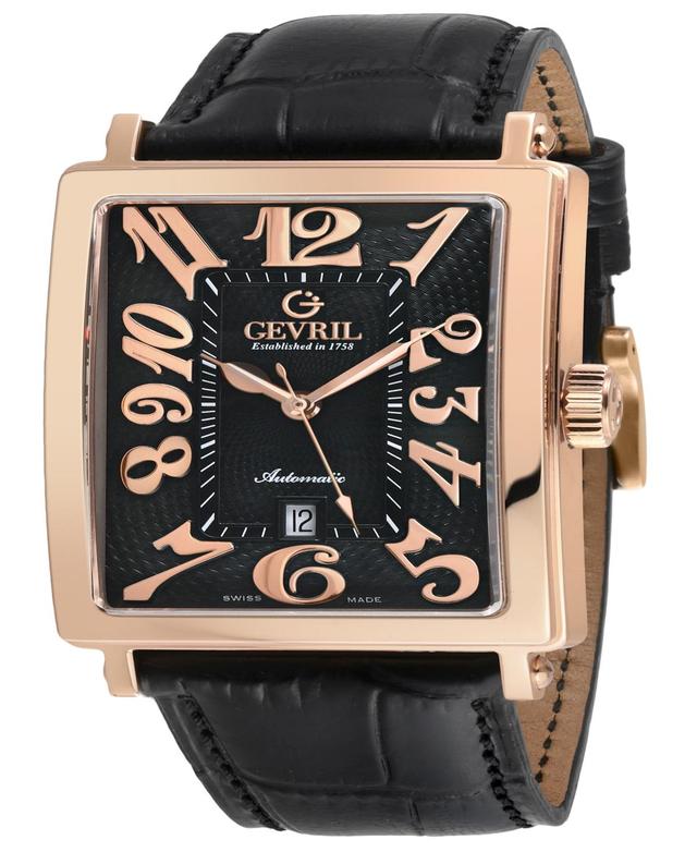 Gevril Mens Avenue of Americas Swiss Automatic Italian Black Leather Strap Watch 44mm Product Image