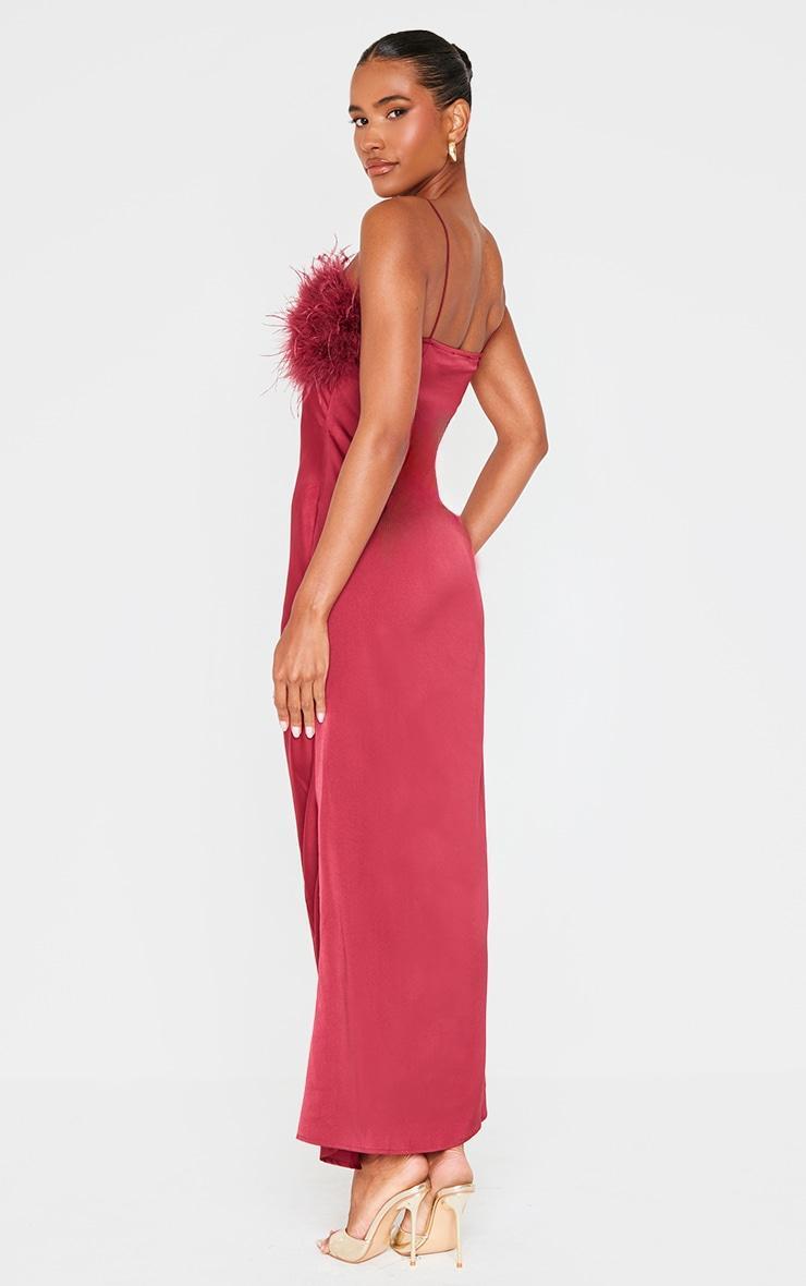 Burgundy Satin Feather Bust Detail Maxi Dress Product Image