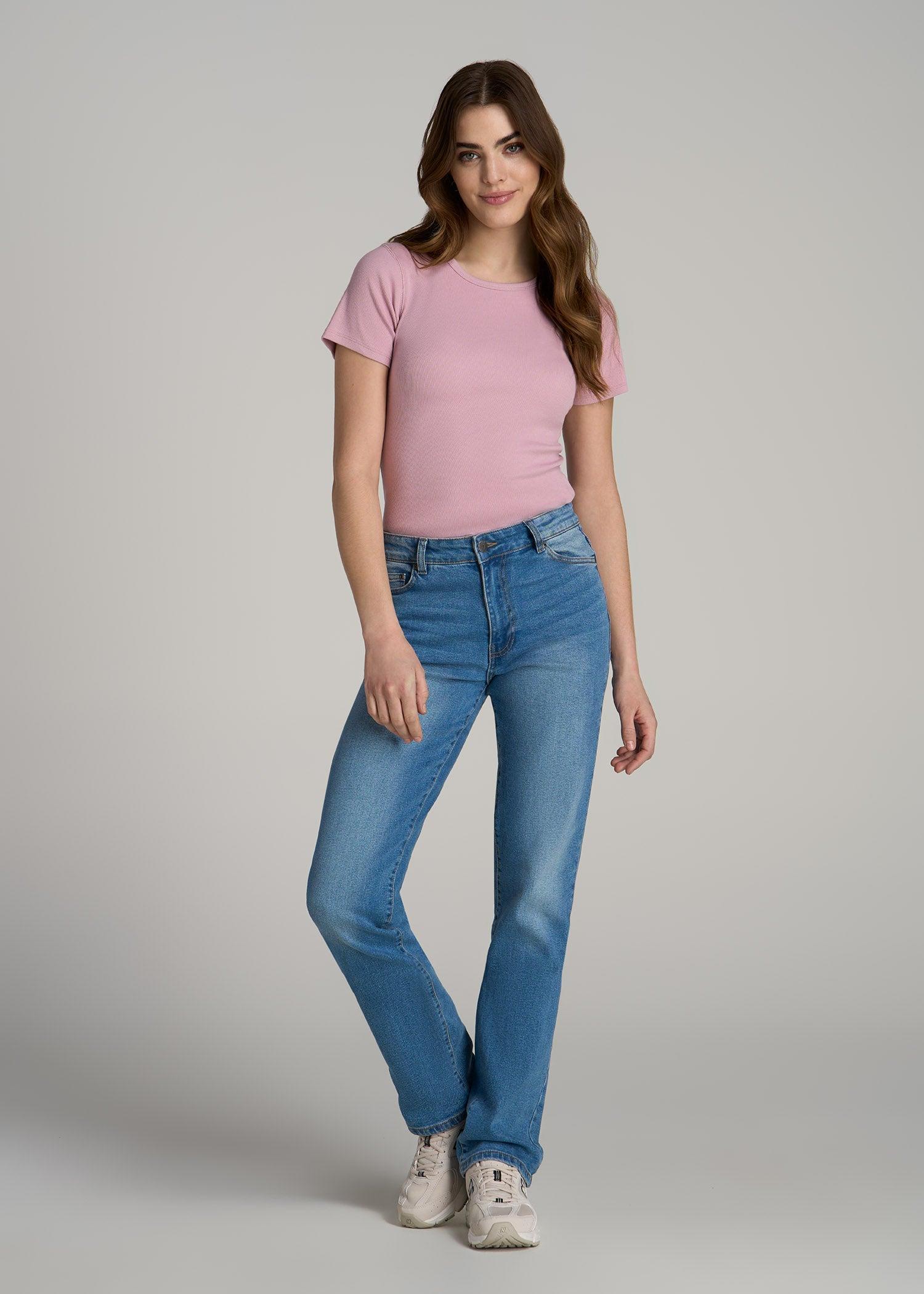 Short Sleeve Crew Neck Ribbed T-Shirt for Tall Women in Pink Peony product image