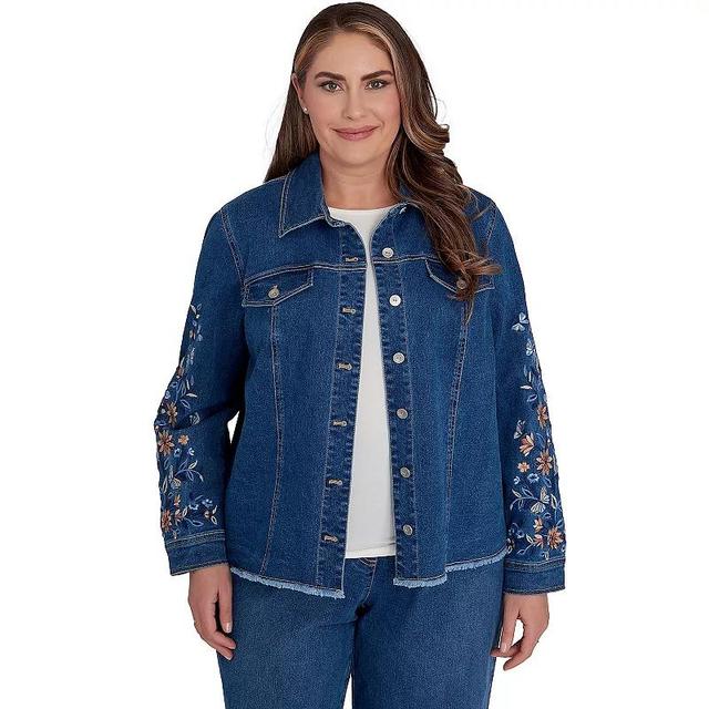 Plus Size Alfred Dunner Floral Embroidered Denim Fringe Hem Jean Jacket, Womens Medium Blue Product Image