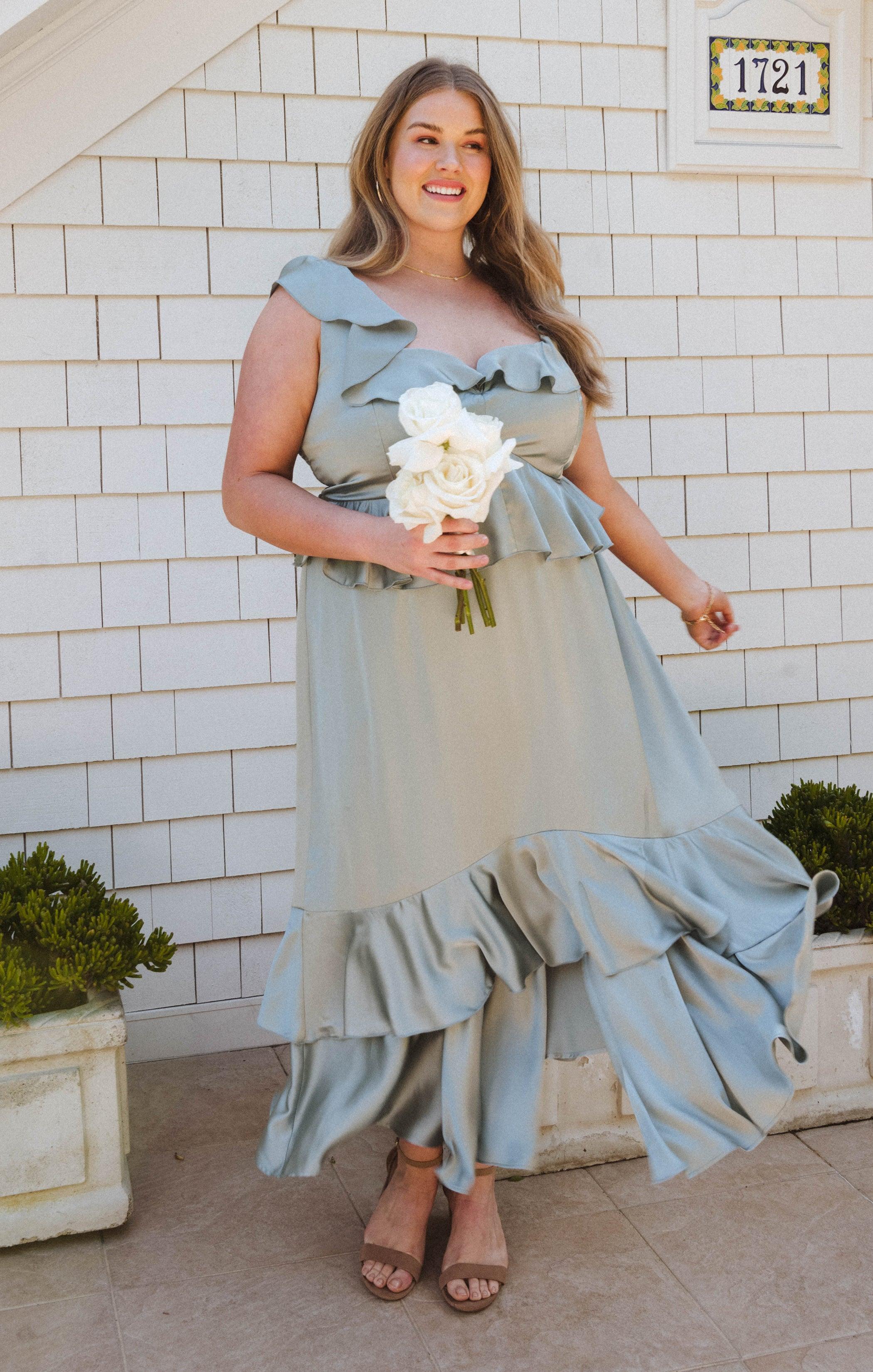 Reese Ruffle Dress ~ Silver Sage Luxe Satin Product Image