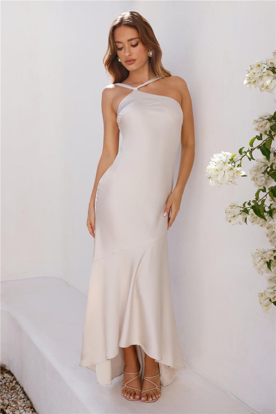 Romantic Affair Satin One Shoulder Maxi Dress Champagne Product Image