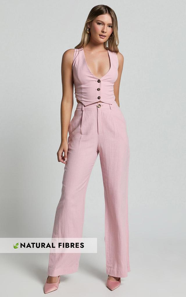 Bree Pants - Linen Look Mid Rise Relaxed Straight Leg Tailored Trousers in Light Pink Product Image