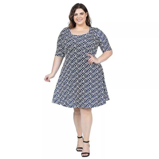 Plus Size 24Seven Comfort Geometric Print Knee Length Elbow Sleeve Dress, Womens Blue Team Product Image