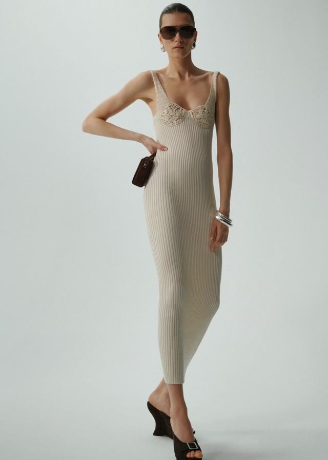 Crochet bra ribbed knit dress in cream Product Image