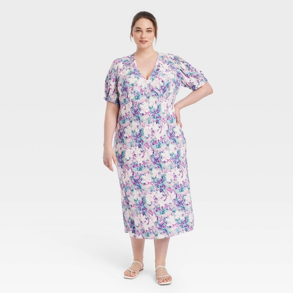 Womens Crepe Puff Short Sleeve Midi Dress - A New Day Blue Floral 3X Product Image