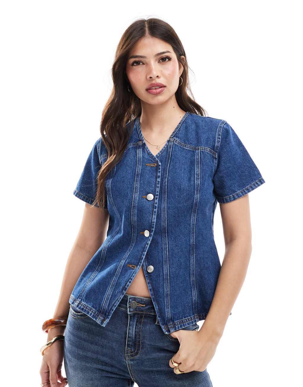 ASOS DESIGN denim button up short sleeve top in dark indigo product image