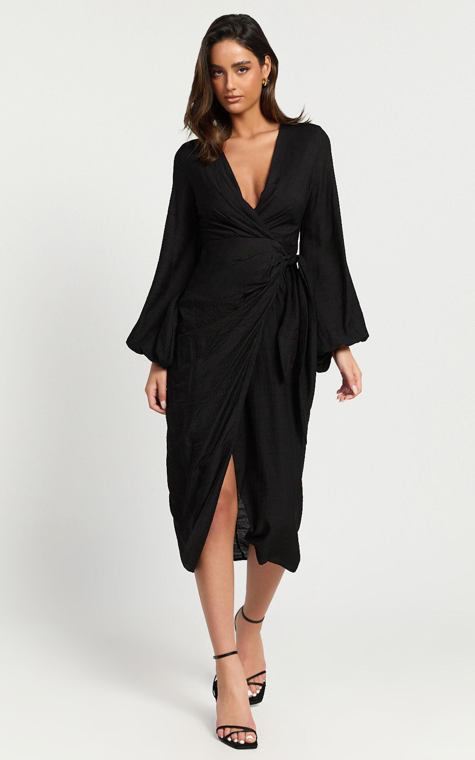 Taylor Midi Dress - Long Sleeve Wrap Dress in Black Product Image