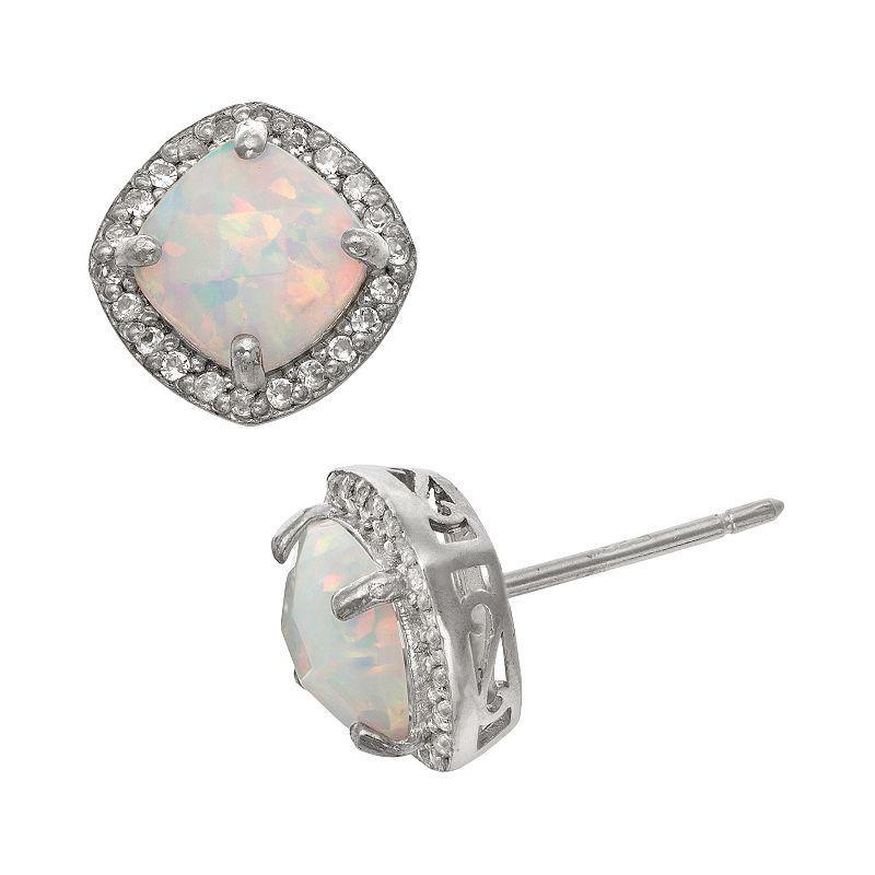 Sterling Silver Lab-Created Opal and Lab-Created White Sapphire Halo Stud Earrings, Womens Product Image