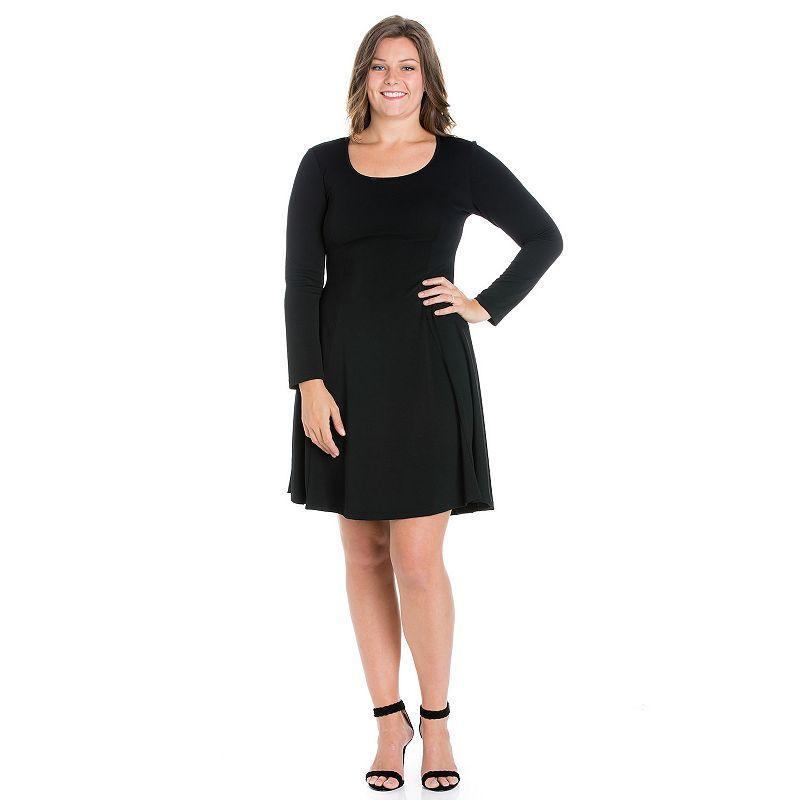 Plus Size 24seven Comfort Apparel Long Sleeve Knee Length Skater Dress, Womens Black Product Image