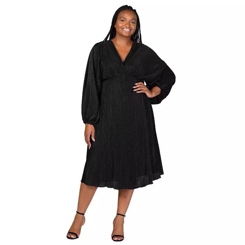 Plus Size 24Seven Comfort Apparel Shimmer Pleated V Neck Empire Waist Bishop Sleeve Midi Dress, Womens Product Image