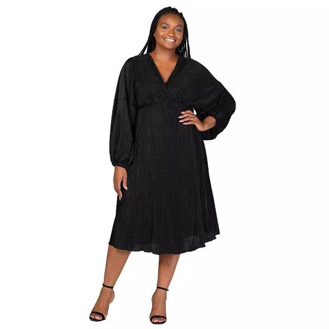 Plus Size 24Seven Comfort Apparel Shimmer Pleated V Neck Empire Waist Bishop Sleeve Midi Dress, Womens Red Product Image