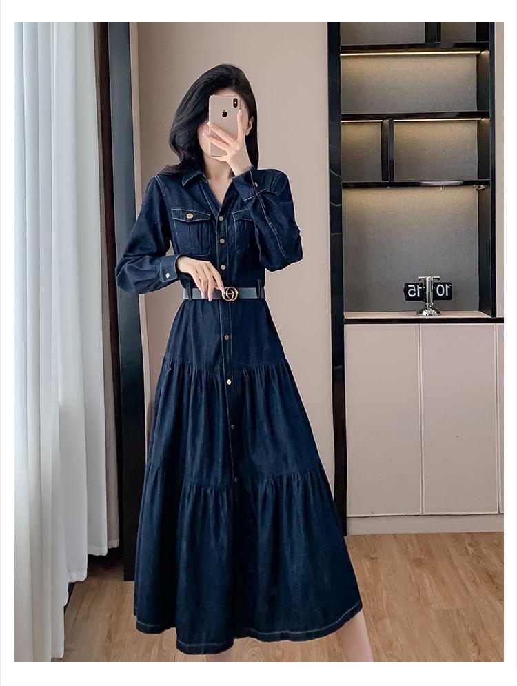 Long-Sleeve Denim Midi A-Line Shirt Dress Product Image