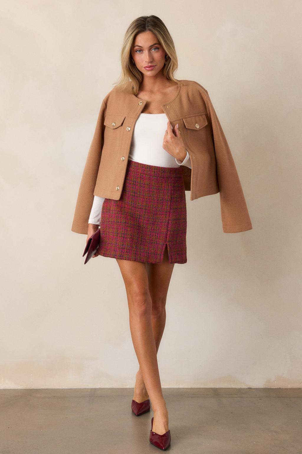 Many Directions Camel Brown Cropped Tweed Jacket Product Image