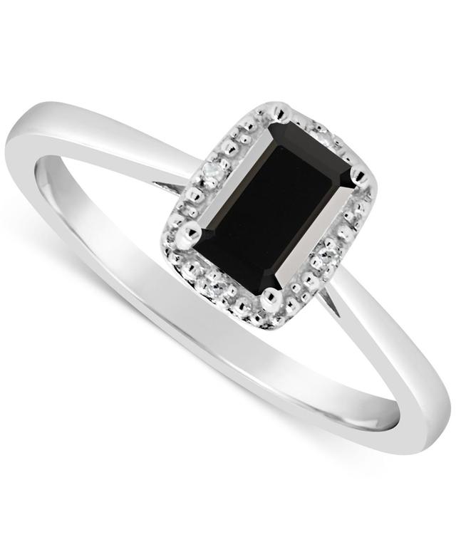 Celebration Gems Sterling Silver 6 mm x 4 mm Emerald Cut Onyx & Diamond Accent Halo Ring, Womens Black Product Image