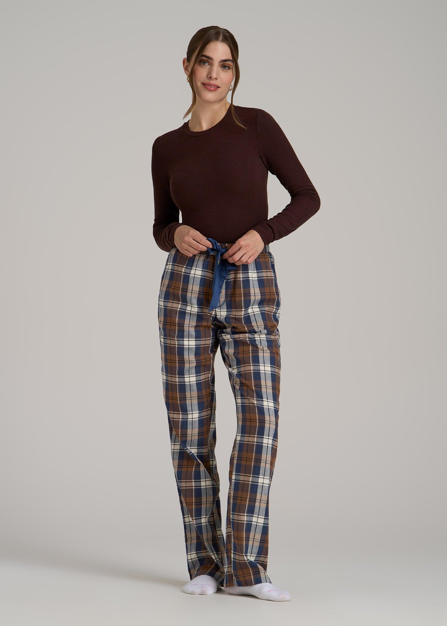 Open-Bottom Flannel Women's Tall Pajama Pants in Brown Blue Plaid Female Product Image