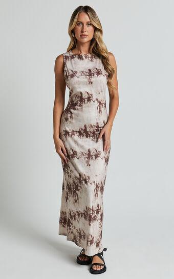 Amayra Midi Dress - High Neck Bodycon Dress in Beige Tie Dye Product Image