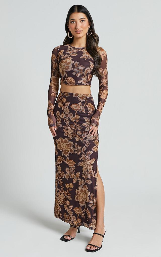 Willow Two Piece Set - Long Sleeve Top and Midi Skirt Mesh Set in Amber Bloom Print Product Image