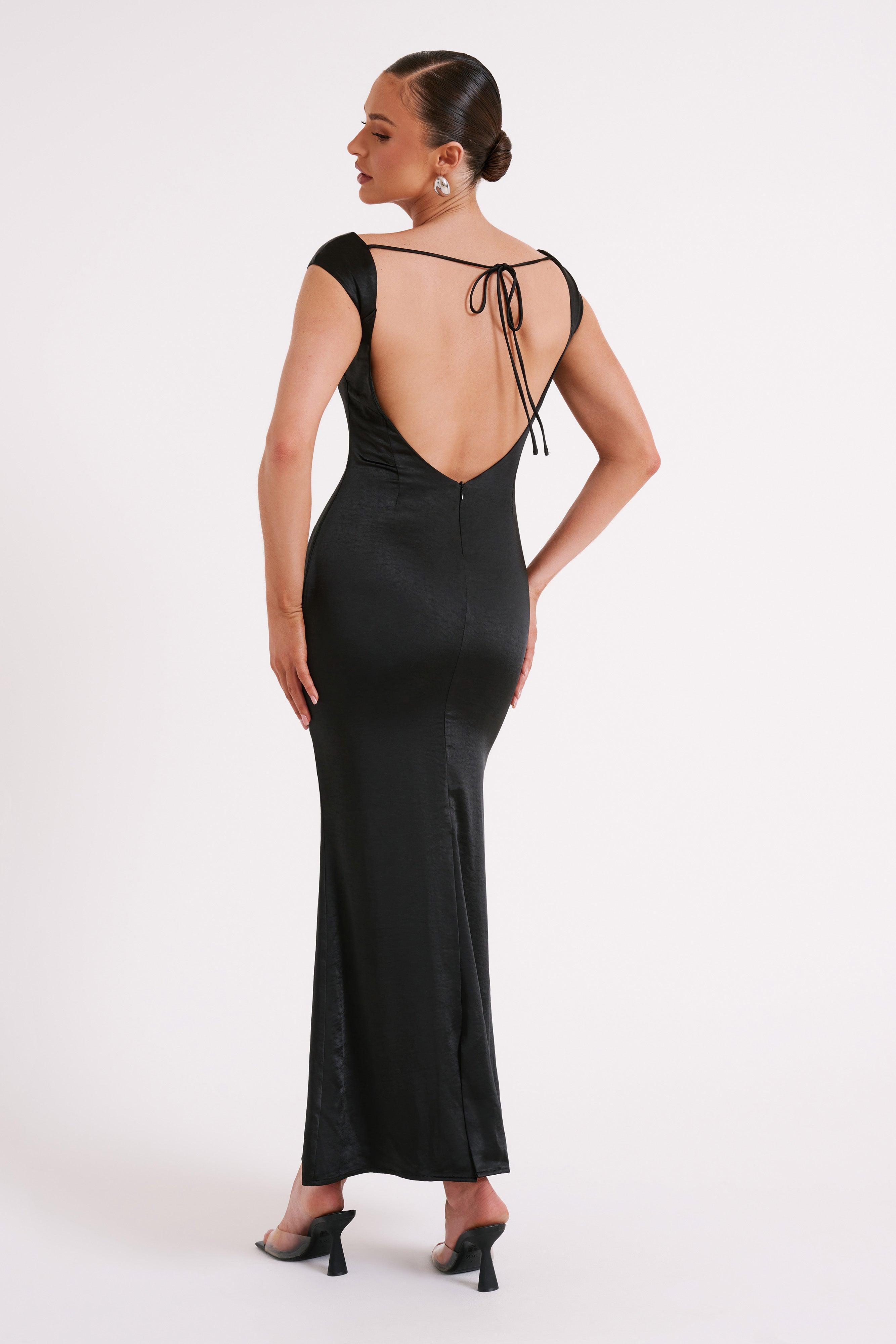 Lacey Backless Satin Maxi Dress - Black Product Image