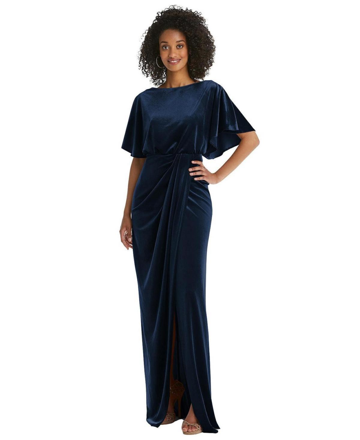 Womens Flutter Sleeve Open-Back Velvet Maxi Dress with Draped Wrap Skirt Product Image